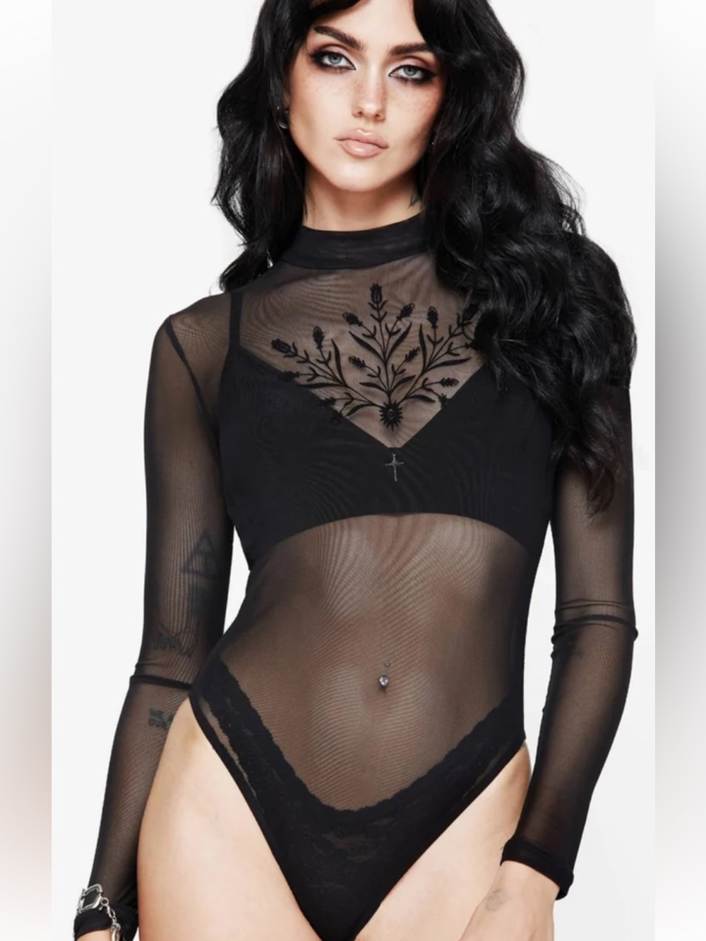 Disturbia Sheer Goth Black Long-Sleeve Mesh Bodysuit with Embroidered Detail 🖤